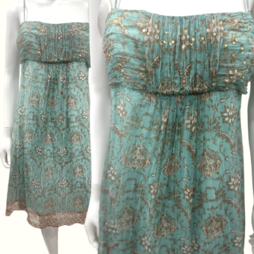 Muse Bohemian Glamour Silk Spaghetti Strap Embellished Turquoise Gold Dress